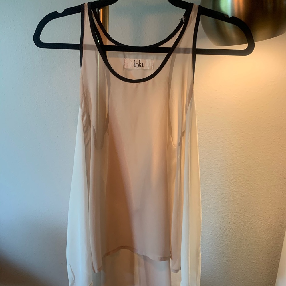 Tan, sheer top.
